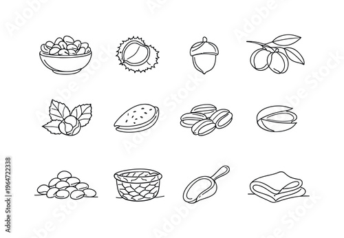 Autumn Harvest Nuts Bowl. Minimalistic set one-line drawing bowl overflowing with nuts, chestnut with shell, acorn, walnut branch, hazelnut leaves, almond