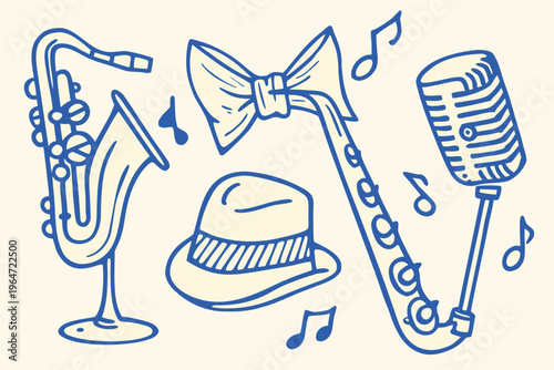 A whimsical collection of musical instruments and accessories in blue lines