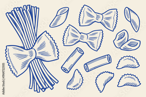 An artistic illustration featuring various shapes of italian pasta