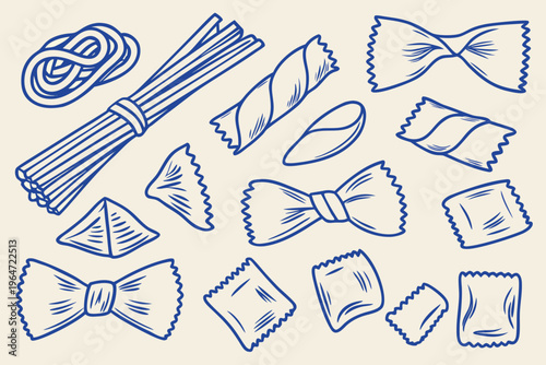 A collection of various pasta shapes illustrated in a blue line art style