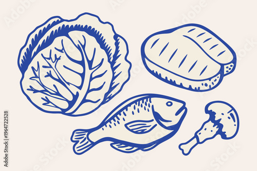 Hand drawn illustration of a fish cabbage potato and mushroom