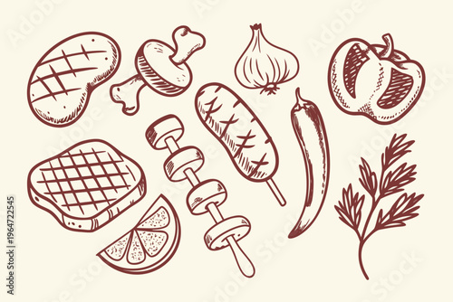 A hand drawn illustration of grilled meats vegetables and a sprig of herbs