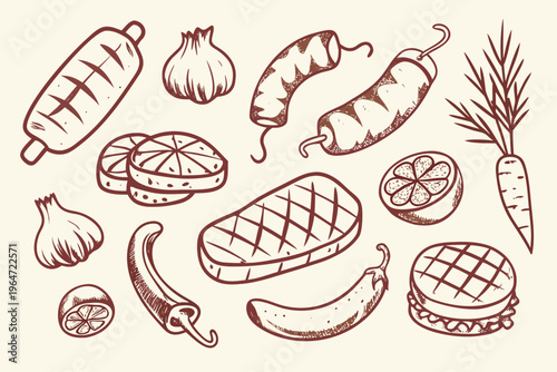 A hand drawn collection of grilled foods vegetables and seasonings