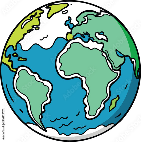 Cartoon illustration of the earth with continents and oceans