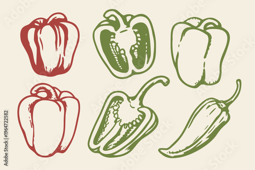 A vintage illustration featuring red green and yellow bell peppers