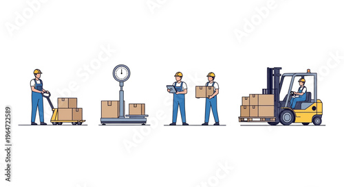 Logistics process illustrated with workers handling and transporting cardboard boxes