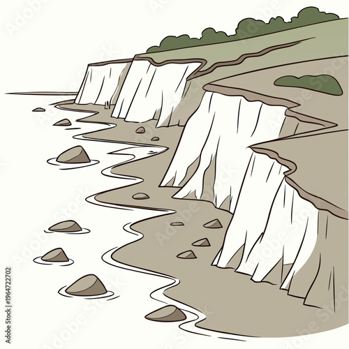 White cliffs with green trees on by the sea rocks sand