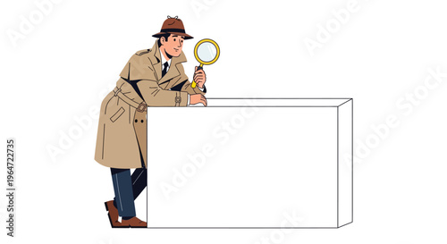 A detective character leans over a blank space magnifying glass in hand investigating a mystery silhouette high quality professional detailed