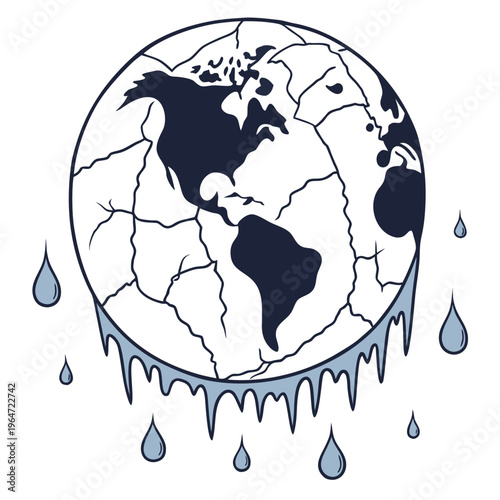 Cracked earth globe with raindrops and melting effect