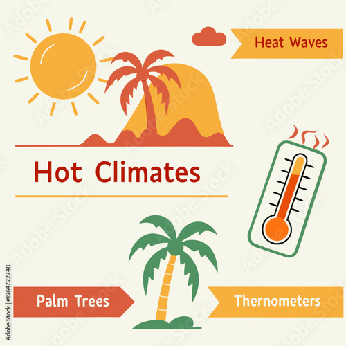Hot climates with palm trees and thermometer heat waves