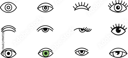 Eye Icon Collection Featuring Human Eye Shapes, Eyelashes and Vision Symbols Minimal Line Art Vector Illustration Set