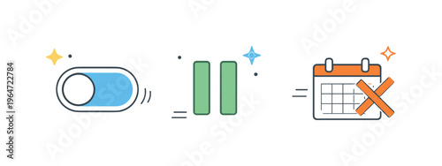Cancel or pause subscription. Simple symbols of a toggle switch, pause icon, and crossed calendar arranged with plenty of space. The mood is calm and