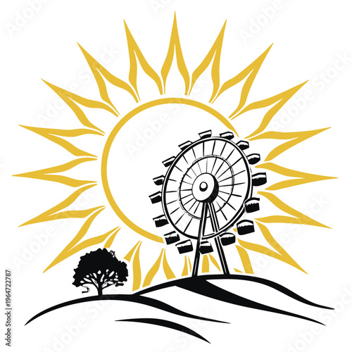 Yellow sun behind black ferris wheel on hill tree amusement park