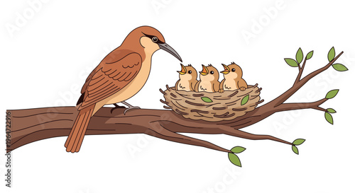A mother bird attentively feeds her three chicks nestled within a cozy nest on a branch silhouette high quality professional detailed