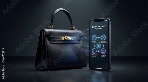 Luxury black leather handbag next to smartphone displaying digital product passport