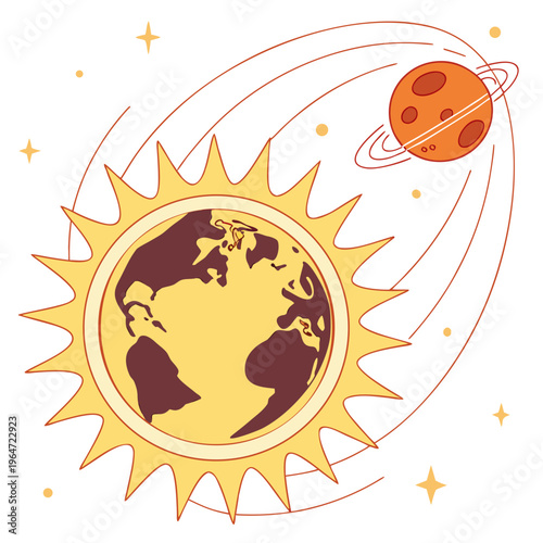 Sun with planet and earth in orbit white background