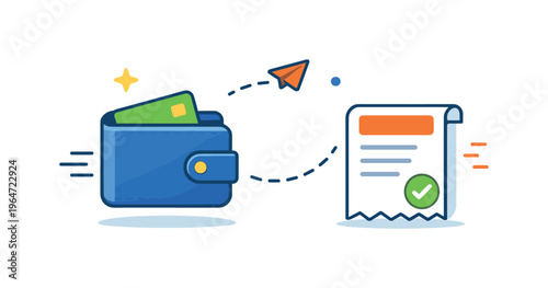 Online payment process visualized with a wallet icon connected to a receipt and subtle motion accents. The scene expresses speed, simplicity and confidence in