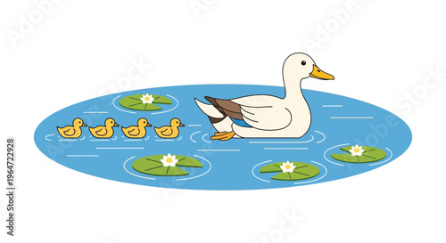 A serene illustration depicts a mother duck leading her ducklings across a blue pond a charming silhouette high quality professional detailed