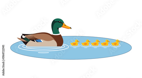 A male mallard duck leads four ducklings across a light blue water surface depicted as a silhouette high quality professional detailed