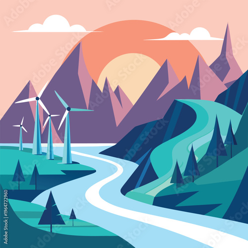 Wind turbines on a hill near a river and mountains at sunset
