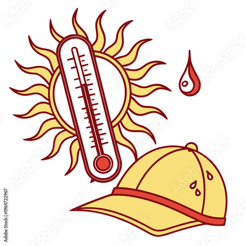 Sun, thermometer, and baseball cap with sweat heat