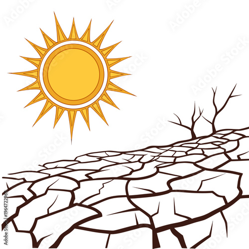 Dry cracked earth with a dead tree and a big yellow sun