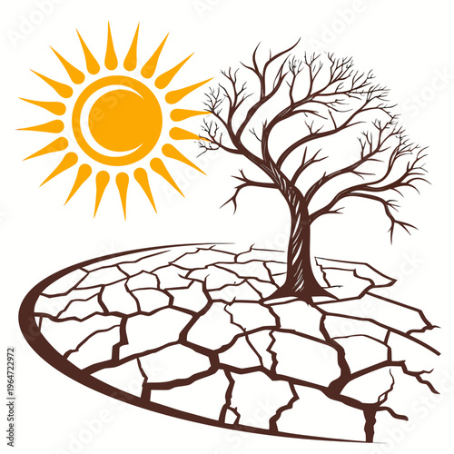 Dry cracked earth with a dead tree and a big yellow sun overhead