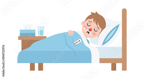 A sick boy lies in bed with tissues and a glass of water exhibiting symptoms of illness silhouette high quality professional