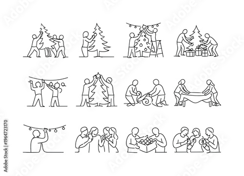 Collaborative Festive Setup. Minimalistic set one-line drawing group lifting tree upright, person fluffing tree branches, hanging baubles evenly, ladder and