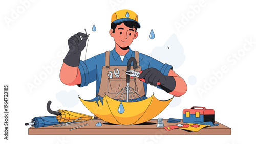 Umbrella Repair: An illustration of a skilled craftsman meticulously repairing a yellow umbrella, showcasing his expertise and attention to detail.