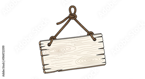A charming hand drawn illustration depicts a blank rectangular wooden sign suspended by rope presenting a silhouette high quality professional detailed modern