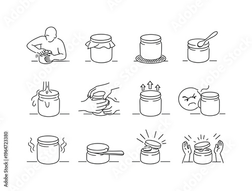 Struggling to Open a Tight Jar. Minimalistic set one-line drawing person straining to twist lid, jar with sweat drop icon, towel wrapped around lid, rubber