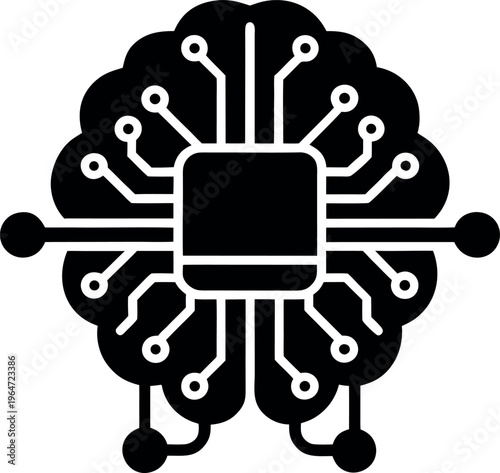 Stylized black and white vector illustration depicting a microprocessor central processing unit embedded within a brain shape
