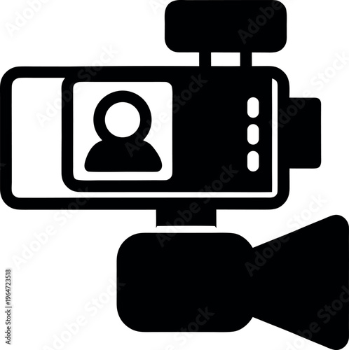 Simple black and white vector graphic illustration of a video camcorder icon featuring a subject recording display screen