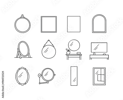 Interior Mirror Styles. Minimalistic set one-line drawing round Scandinavian mirror, industrial frame mirror, minimalist frameless mirror, arch top mirror,