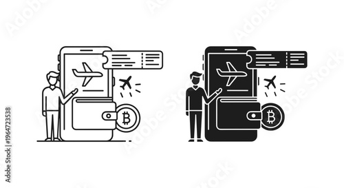 Mobile flight booking vector icons, online travel reservation with digital wallet and bitcoin payment, smartphone airline ticket app interface