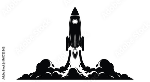 A dynamic depiction of a rocket launching with fiery exhaust plumes presented as a striking silhouette high quality professional detailed modern