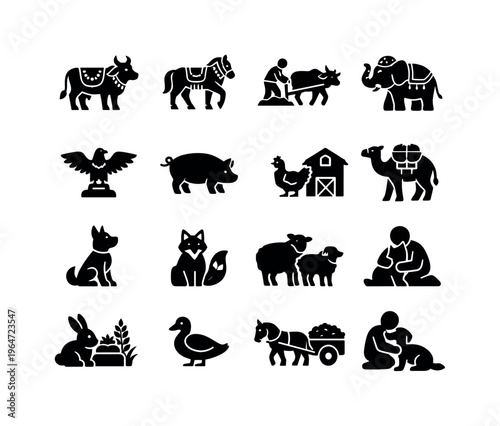 Cultural Animal Roles. Solid icon set of Cultural Animal Roles: sacred cow, ceremonial horse, farming tradition animal, festival animal, symbolic animal,