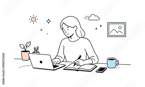 Quiet luxury workspace. A serene desk setup with a laptop, notebook, and subtle decor, a person working calmly and with focus. Sense of intention, clarity, and