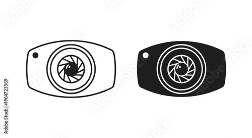 Minimalist camera lens icons with shutter aperture, black and white photography symbols, digital camera vector set for web and app design