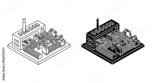 Isometric industrial factory building vector icons, automated manufacturing plant with conveyor belts, black and white production facility line art