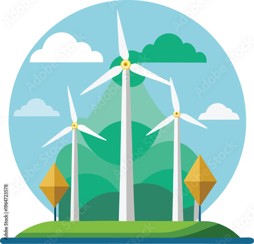 Wind turbines generating renewable energy on green hill landscape