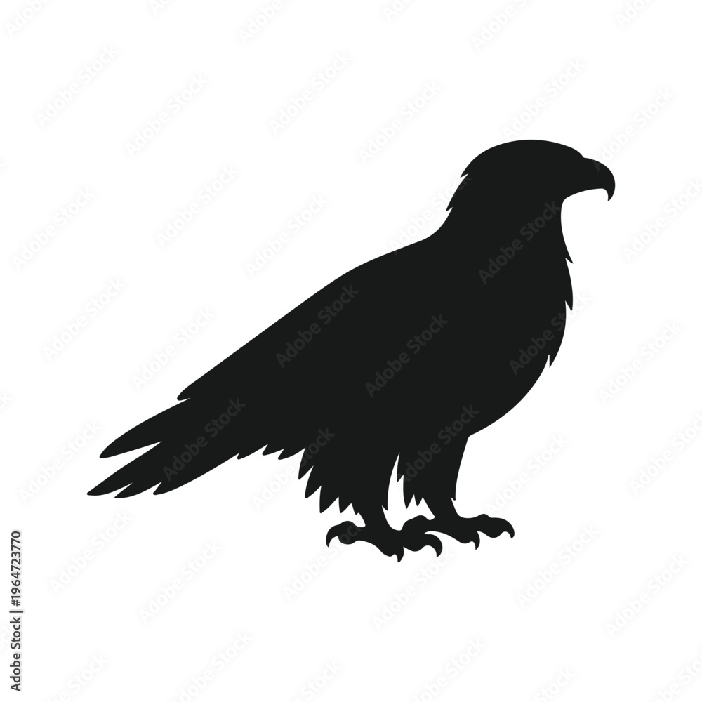 Fototapeta premium A simple black silhouette of a perched eagle showcasing a sharp beak and detailed feather edges isolated on white background, Vector