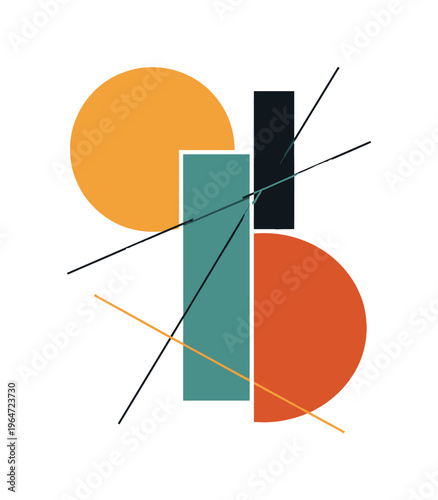 Abstract mid century composition with bold geometric forms including large circle, offset semicircle, vertical rectangle and thin intersecting lines, flat