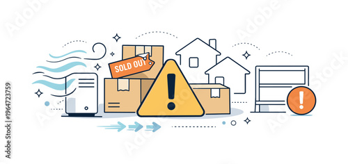 Air purifier shortage concept. An abstract editorial composition combining airflow symbols, warning signs, boxes, and home icons in a clean layout. The