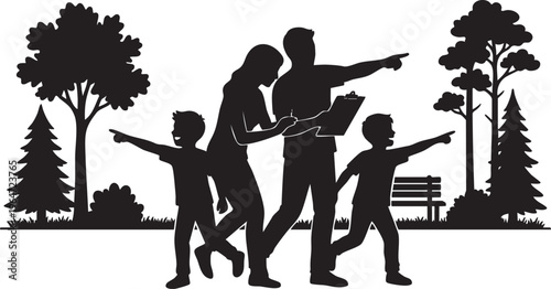 Family Adventure Silhouettes of parents and children exploring and pointing directions in a natural park setting