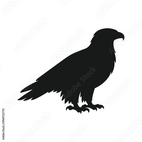 A simple black silhouette of a perched eagle showcasing a sharp beak and detailed feather edges isolated on white background, Vector