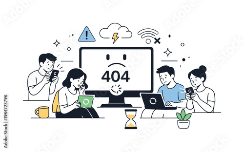 Outage panic culture. People refreshing screens and phones, waiting for systems to recover, modern dependence on infrastructure shown with friendly restraint.