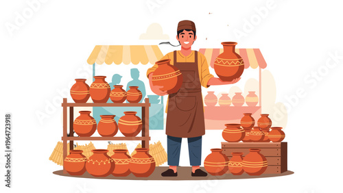 Artisan Pottery Display: A skilled artisan, standing proudly in front of his pottery stall, showcasing a collection of meticulously crafted earthenware and terracotta vessels.