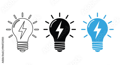 Three light bulb icons in black and white and blue with lightning bolts on a white background.
